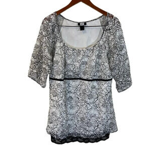 Studio 1940 Blouse 18/20 Black and White Lace Floral Ribbon Waist Trim Stretch